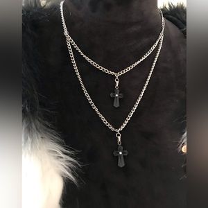 Doble cross necklace silver tone w black crosses
